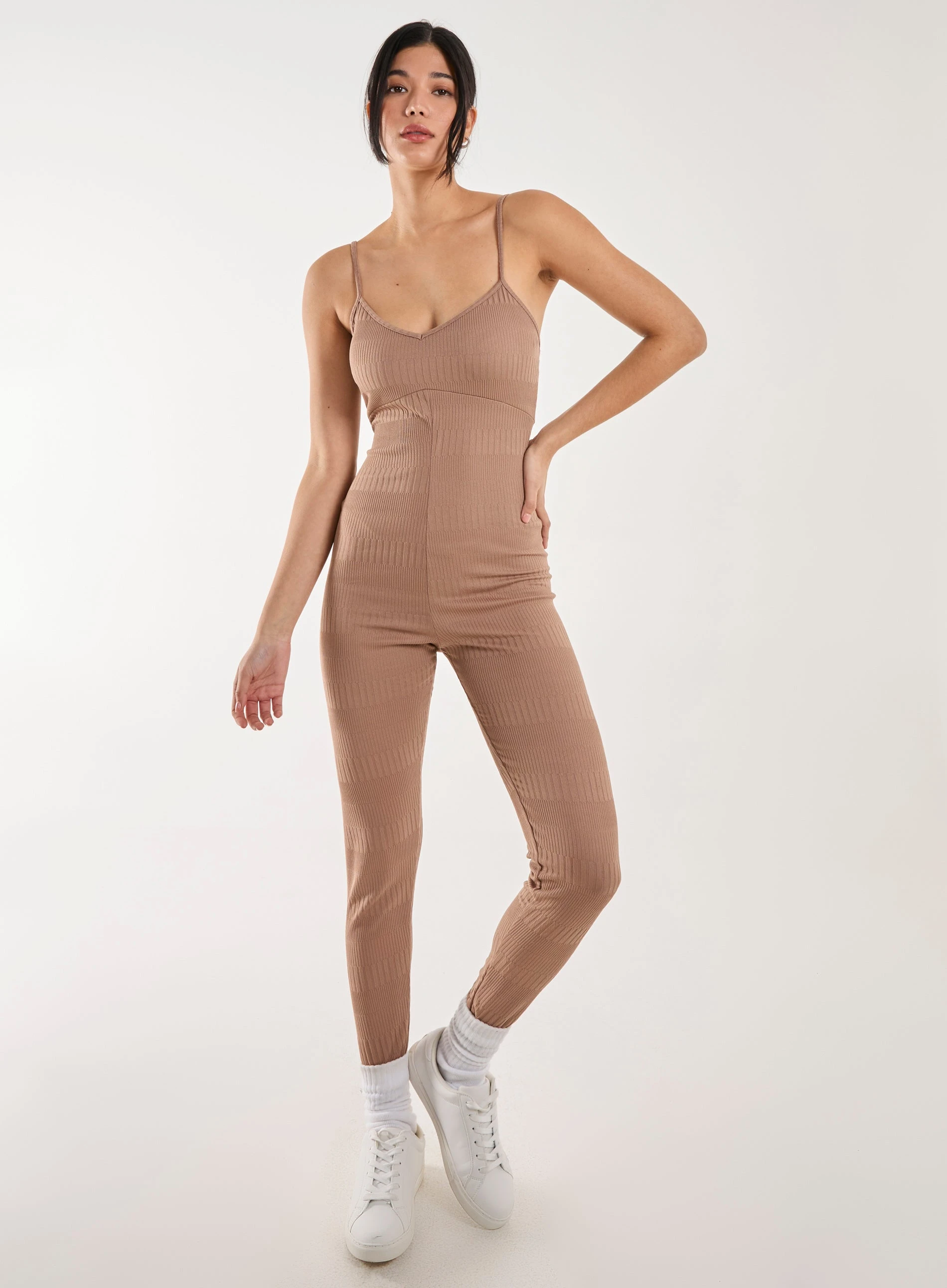 Ribbed Bodycon Unitard All in One  - L  - MOCHA