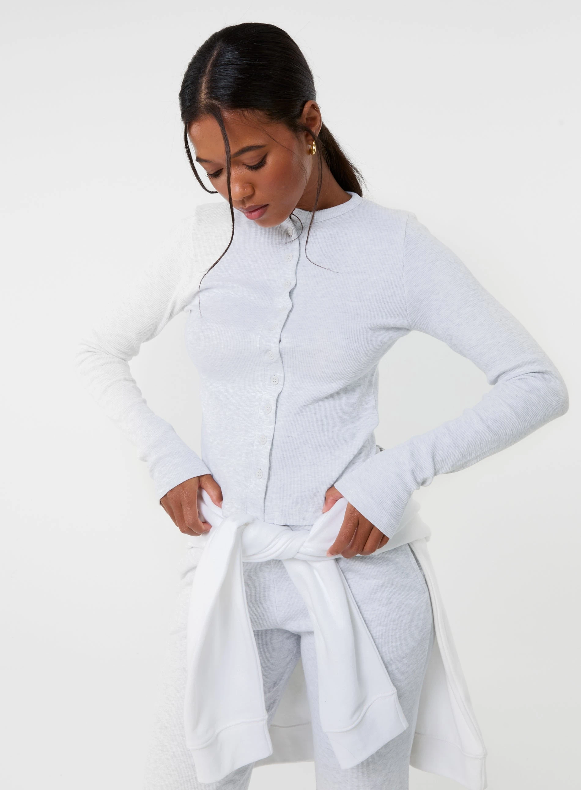 Ribbed Button Front Top MARL GREY BLEACH