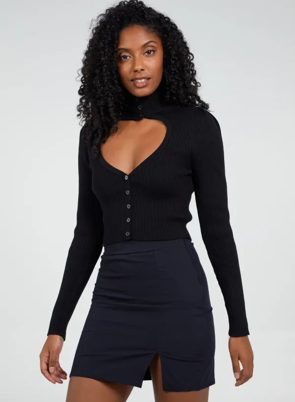 Ribbed Buttoned Cut Out High Neck Top - M - Black