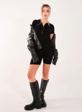 Ribbed Collar Zip Up Unitard BLACK