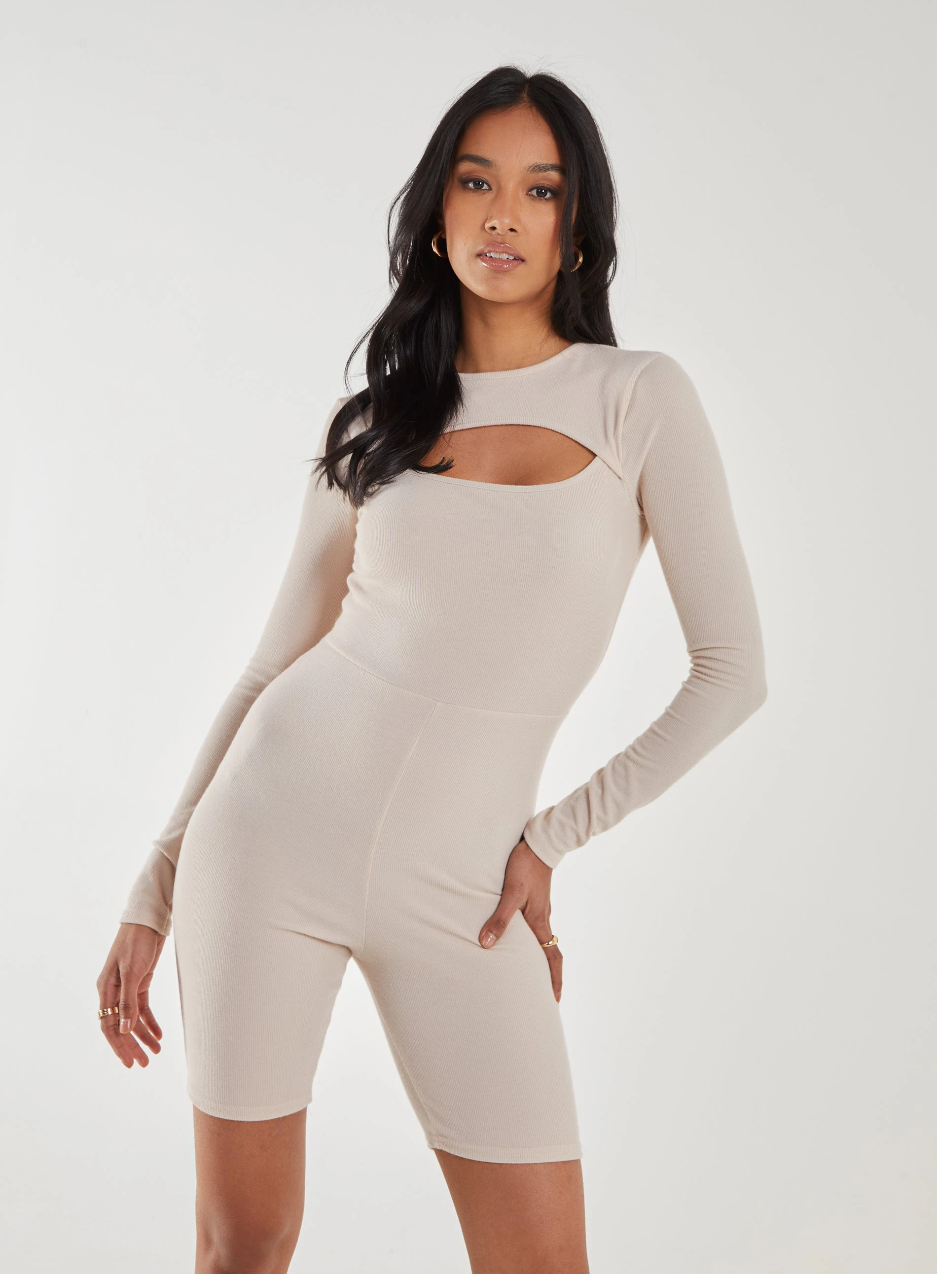 Ribbed Letterbox Long Sleeve Unitard With Cut Out Back  - S  - Stone