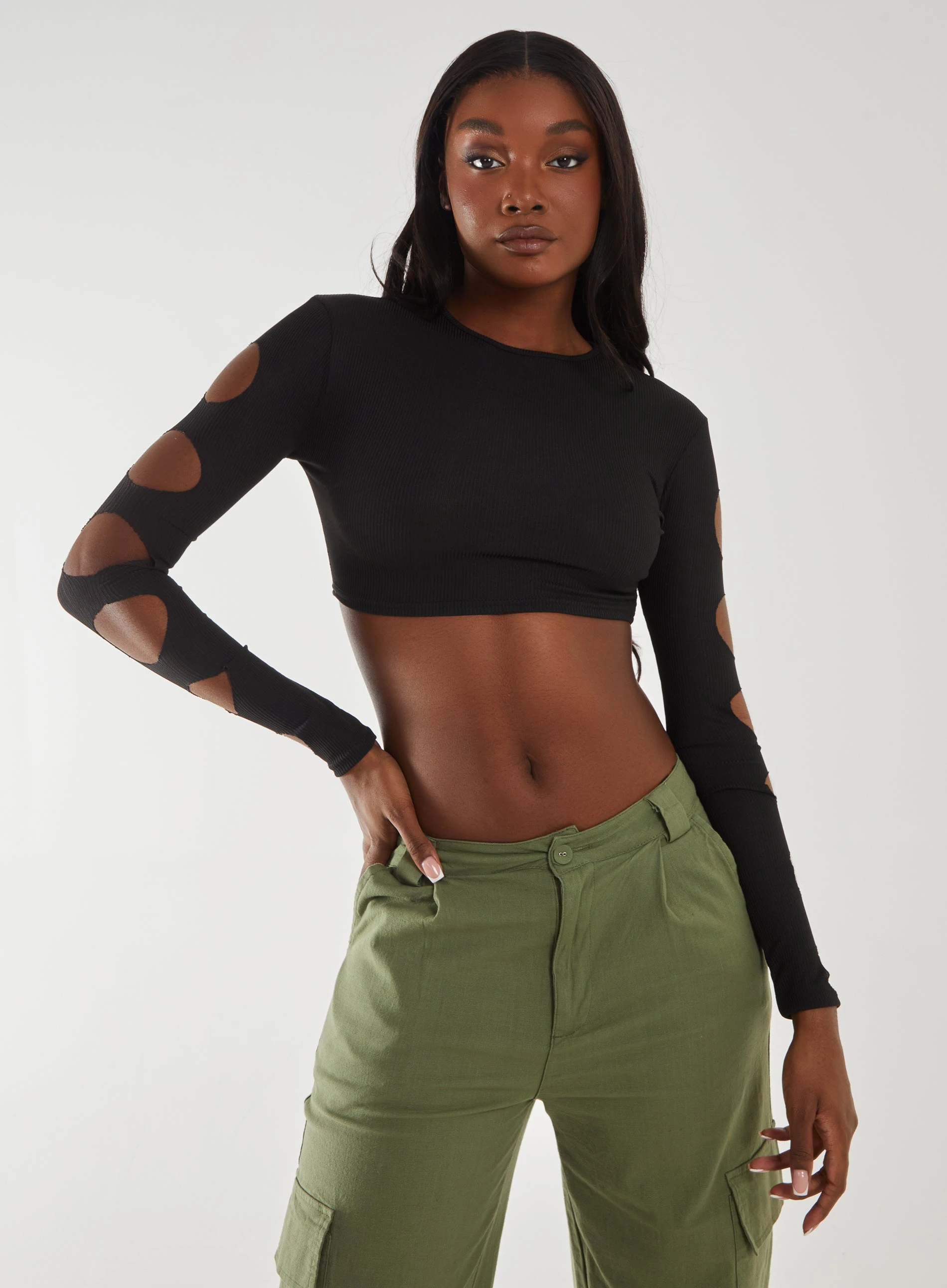 Ribbed Long Sleeve Cut Out Top  - S  - BLACK