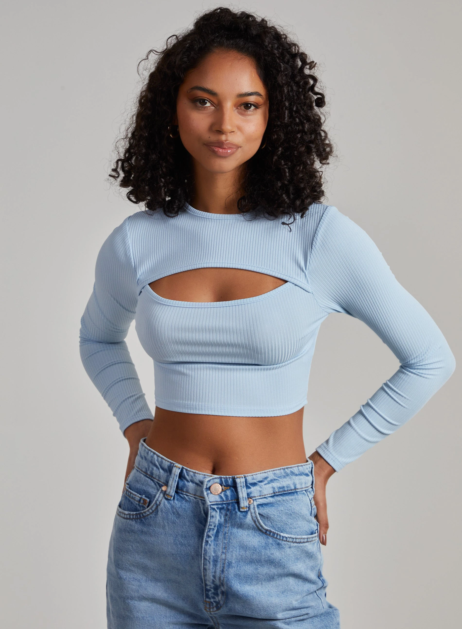 Ribbed Long Sleeve Letterbox Cropped Top Light Blue