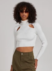 Ribbed Roll Neck Jumper With Cut Out Detail  - S  - Ivory