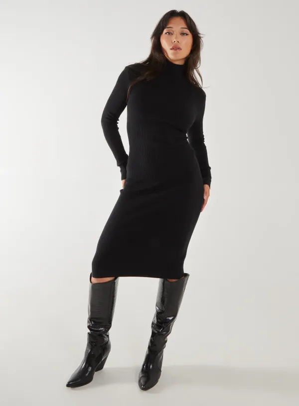 Ribbed Roll Neck Midi Dress - M - Black