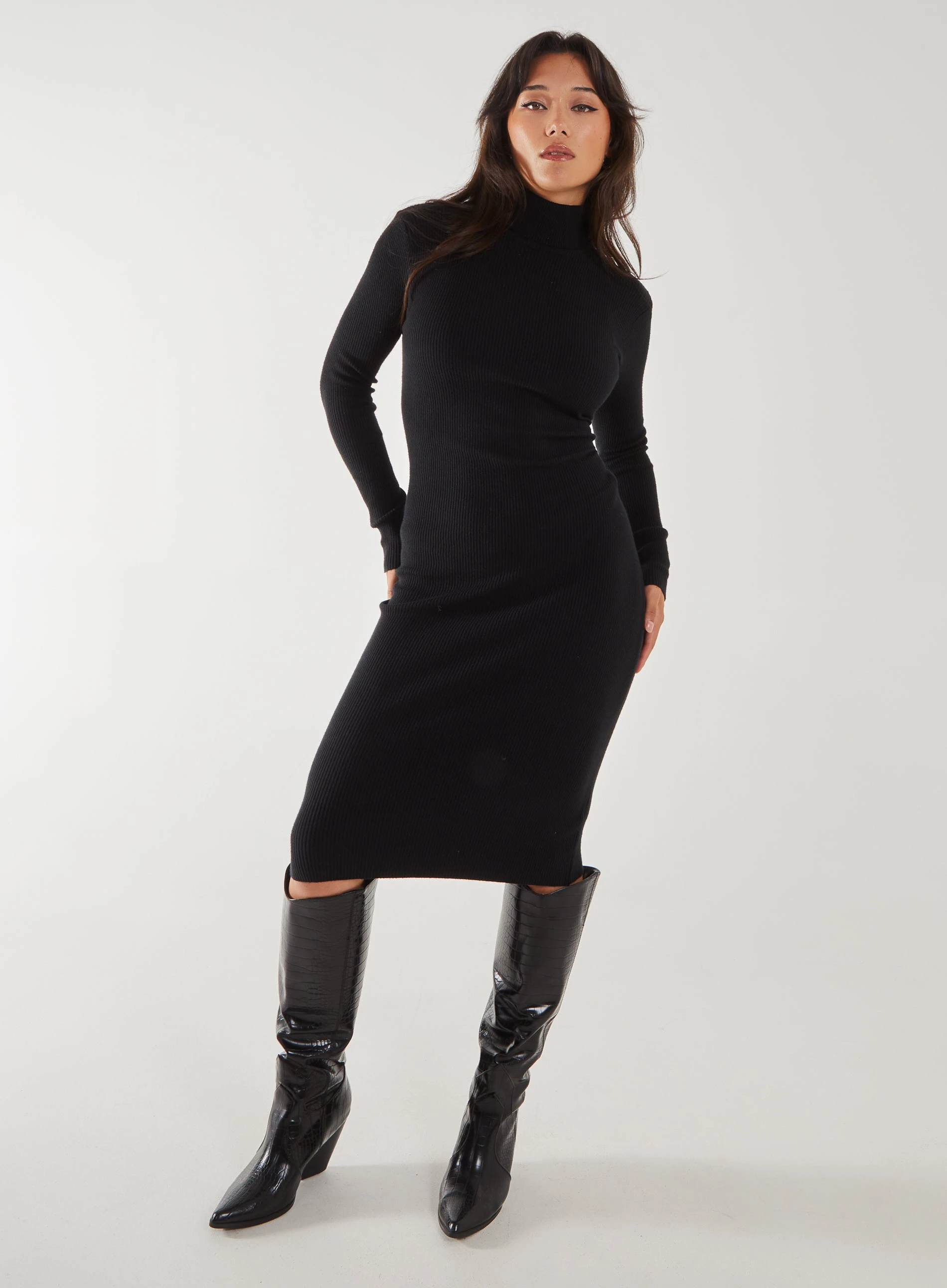 Ribbed Roll Neck Midi Dress  - S  - Black