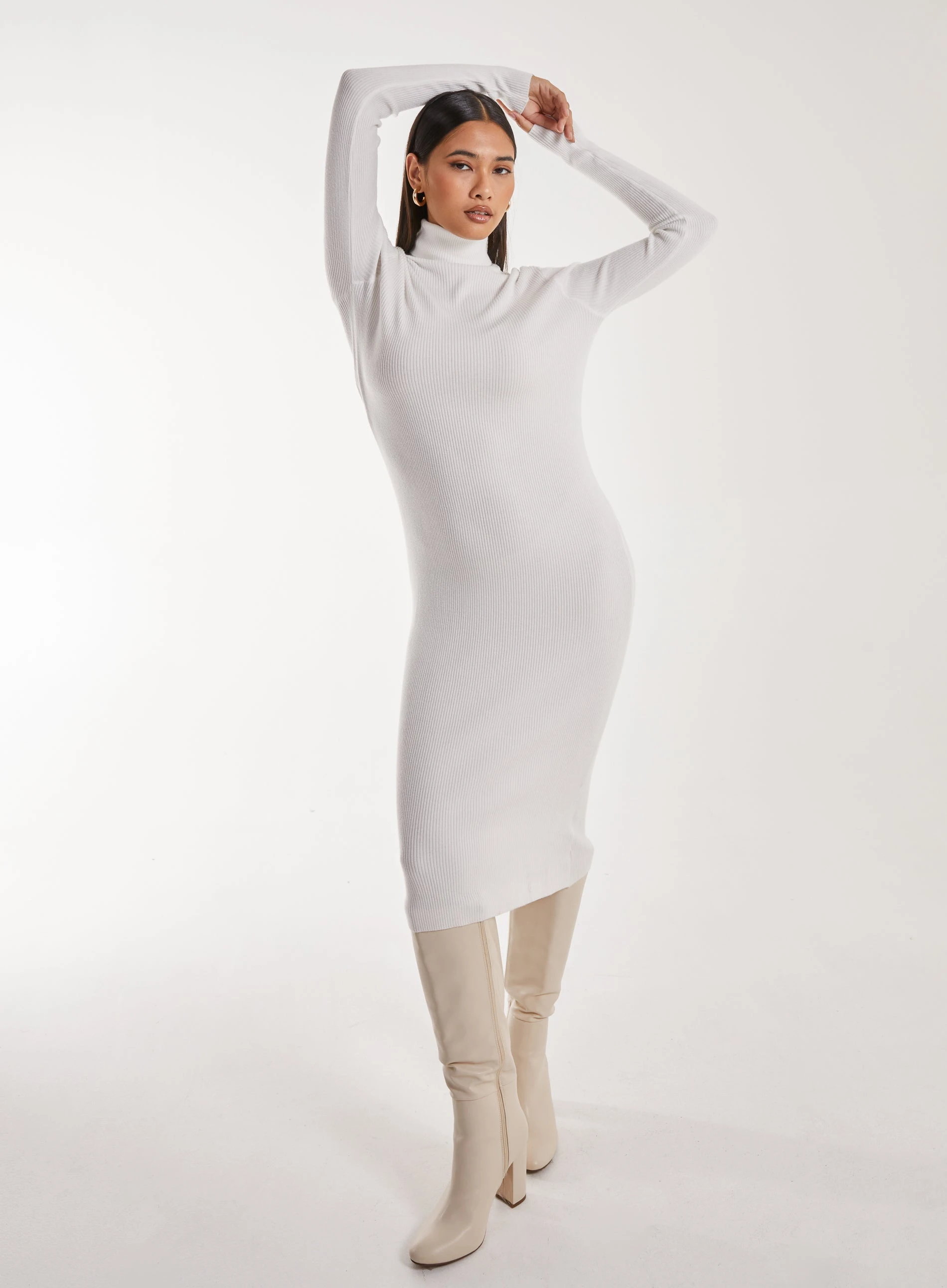 Ribbed Roll Neck Midi Dress  - S  - Ivory