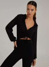 Ribbed Ruched Long Sleeve Collared Shirt  - M  - Black