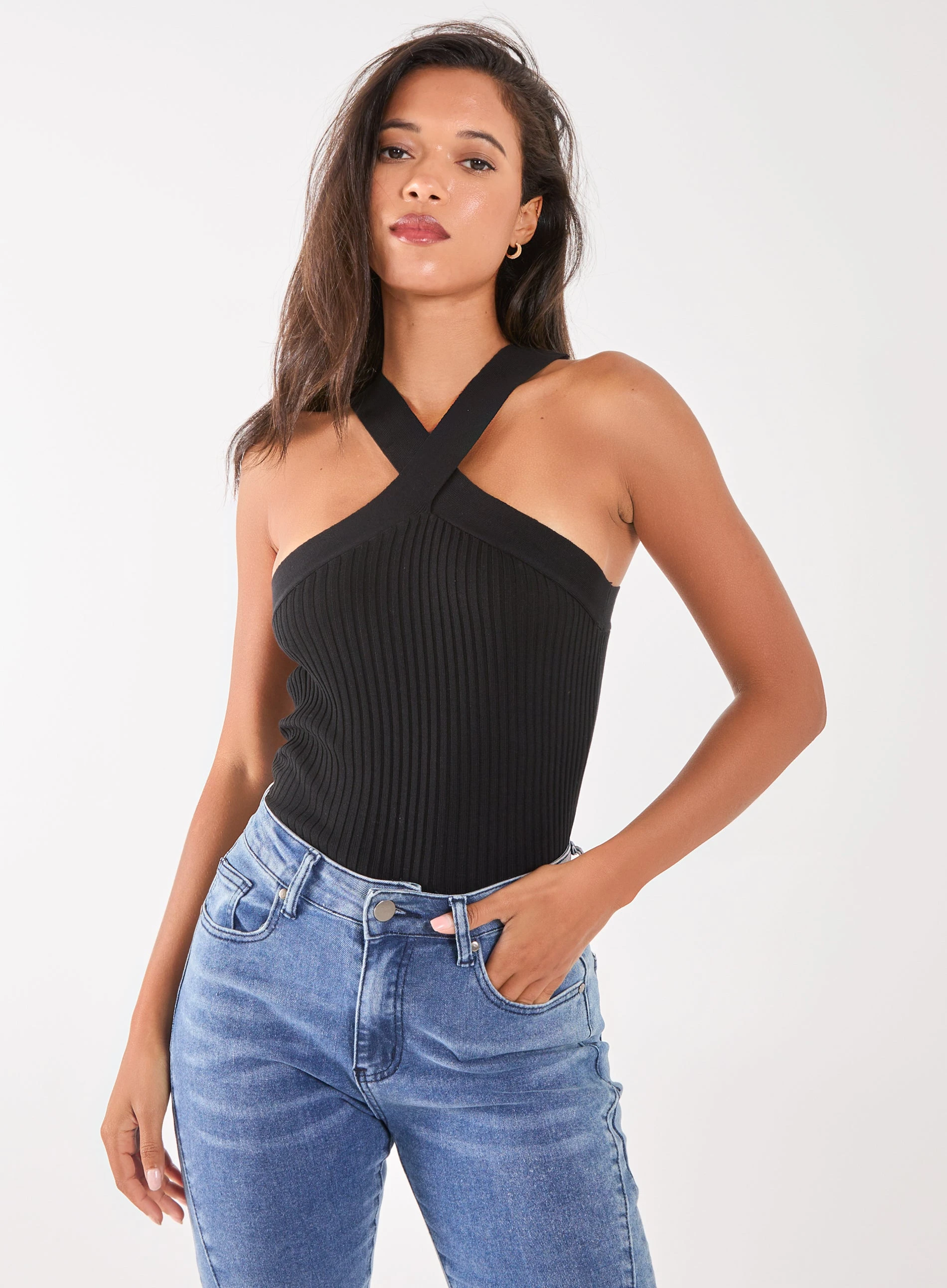 Ribbed Sleeveless Halter Neck Top  - S  - Black