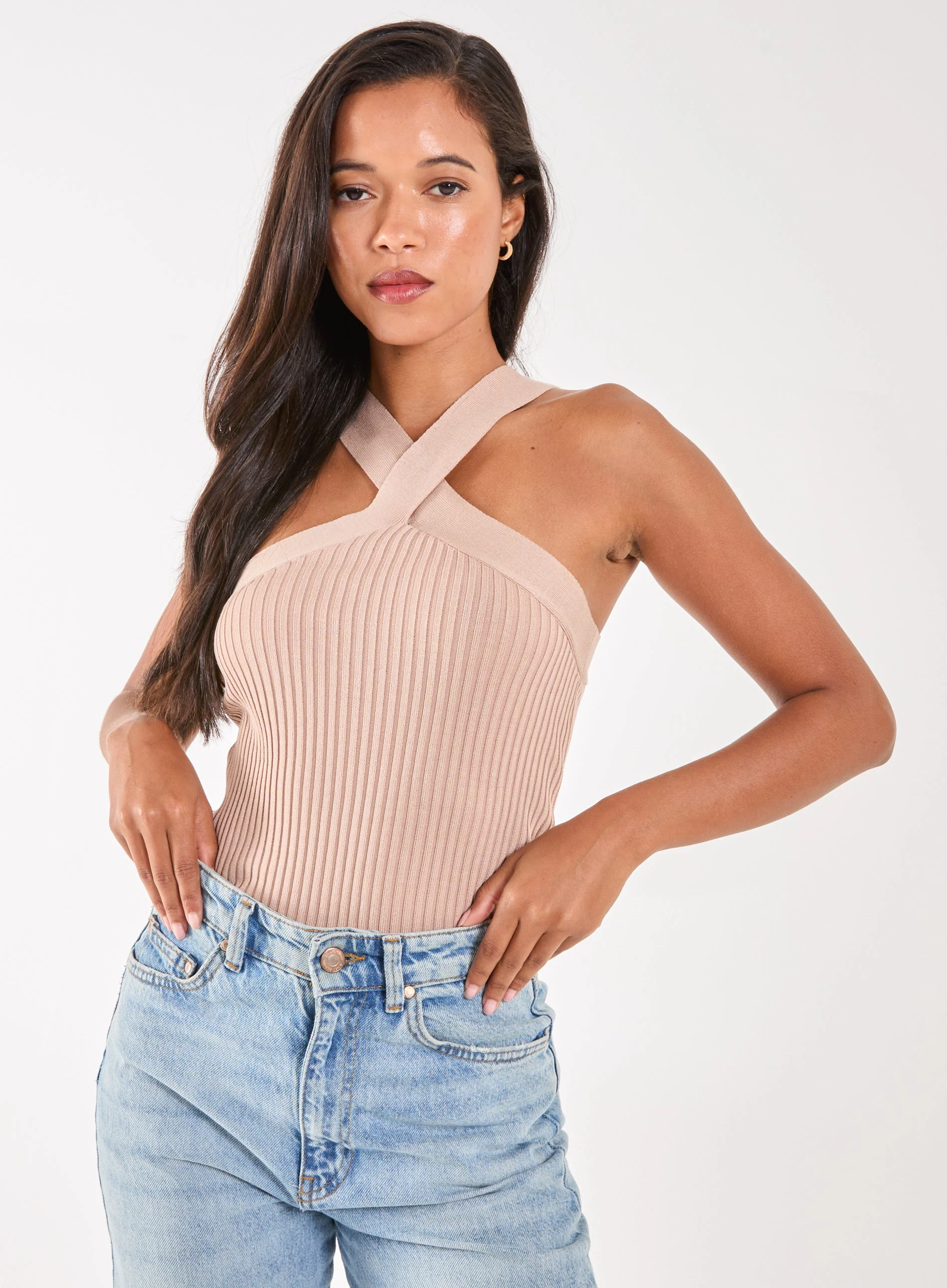 Ribbed Sleeveless Halter Neck Top Nude