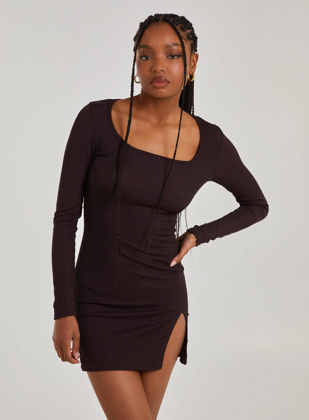 Ribbed Split Hem Square Neck Long Sleeve Dress  - 12  - Chocolate