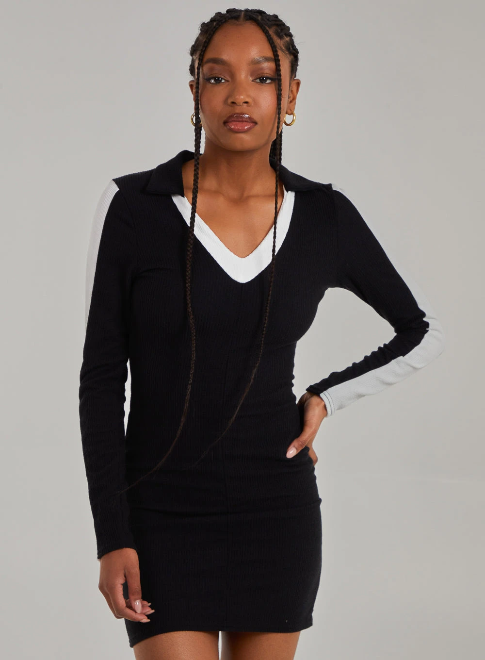 Ribbed Sports Stripe Collared Dress  - M  - Black