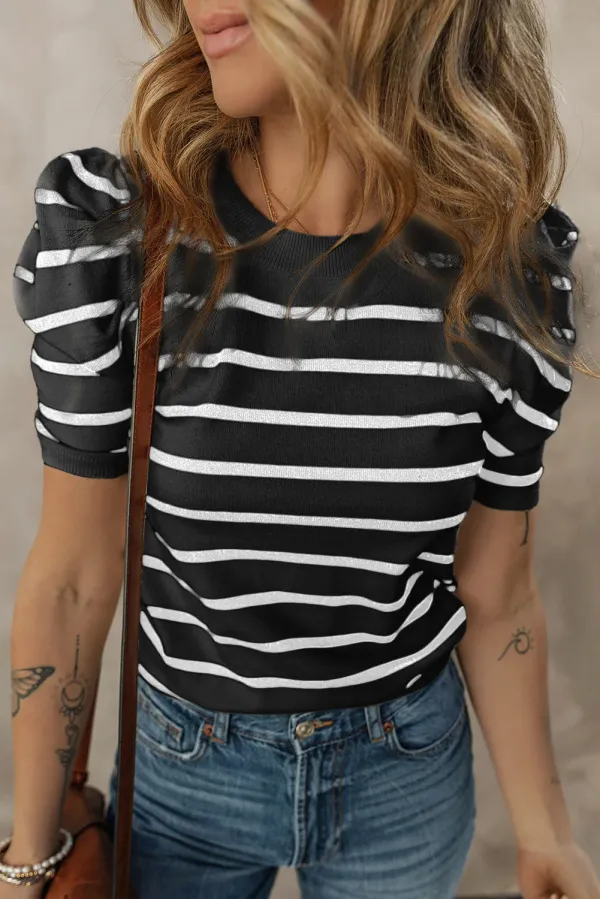 Ribbed Trim Round Neck Bubble Sleeve Knitted Top - White Stripe / - White Stripe