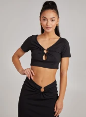 Ring Detail Short Sleeve Ribbed Top Black