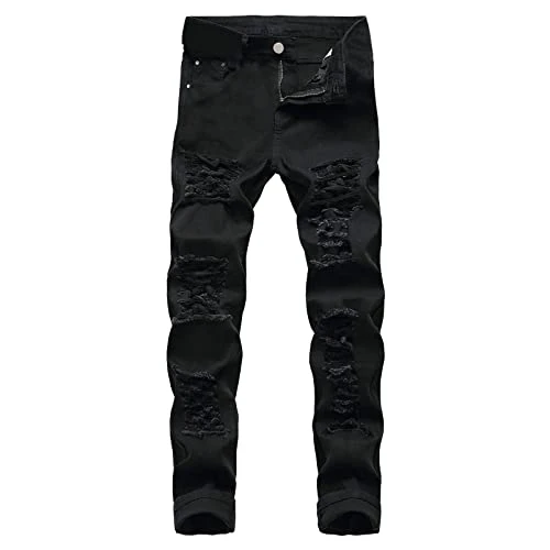 Ripped Jeans Men Stacked Skinny Distressed Jeans Mens Destroyed Slim Fit Trousers Fashion Hop Hip Pants Straight Comfort Casual Sweatpants Y2K Goth Denim Streetwear Baggy Lounge Pants with Porckets