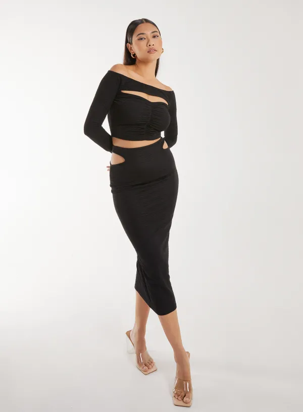Ripple Cut Out Midi Skirt - - Black