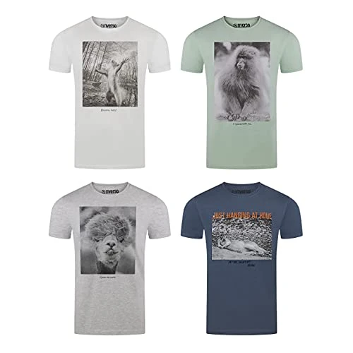 RIVFritz Men's T-Shirt Pack of 4 Photo Print Crew Neck Short Sleeve Shirt Regular Cotton Animal Print Blue White Grey Green S M L XL XXL 3XL 4XL 5XL, Colour mix 1, S