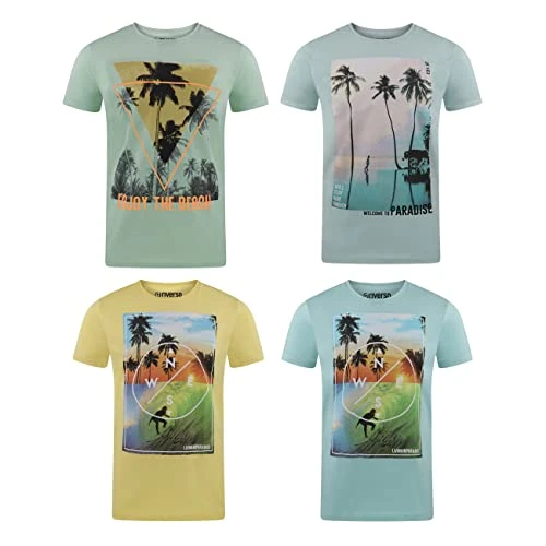 RIVLukas Men's T-Shirt Pack of 4 Crew Neck Regular Fit Short Sleeve Shirt Print Summer Sport Cotton 