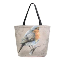 Robin Bird Vintage Canvas Tote Bag Women Large Shoulder Bag Reusable Grocery Shopping Bag Handbag Girls Purse Gift