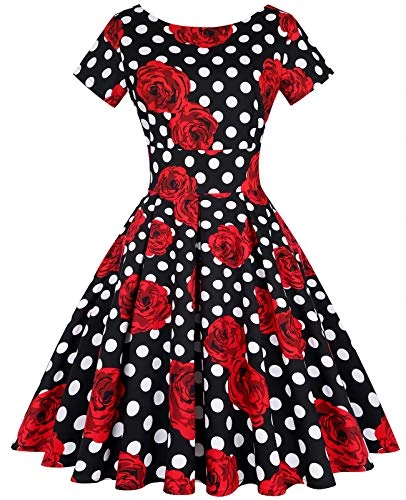Rockabilly Dresses for Women Evening Party Short Sleeve Midi Dress 1930 Vintage,Red,XXL