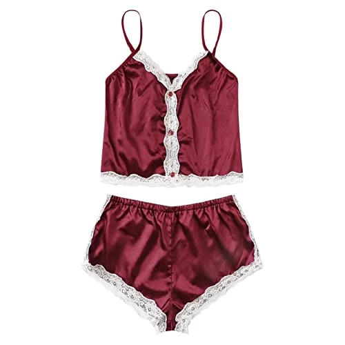 Role Play Lingerie for Women Womens Outfits Lace Camisole Bra Shorts Two Piece Pajamas Sexy Sleepwear Underwear Panties Suits Sex Lingerie Garters Belts (4-Wine, L)