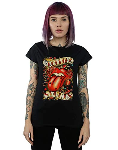 Rolling Stones Women's Tongue and Stars T-Shirt Black X-Large