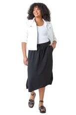 Roman Curve Linen Look Midi Skirt for Women UK - Ladies Spring Everyday Summer Holiday Elasticated Waist Comfy Split Seam Soft Woven Fabric Daywear Vacation Skirts - Black - Size 22 Roman Curve Linen Look Midi Skirt for Women UK - Ladies Spring Everyday Summer Holiday Elasticated Waist Comfy Split Seam Soft Woven Fabric Daywear Vacation Skirts - Black - Size 22