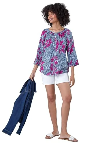 Roman Floral Tile Print Top for Women UK - Ladies Spring Everyday Summer Holiday Round Neckline Comf