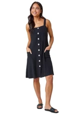 Roman Petite Button Front Pocket Dress for Women UK - Ladies Spring Everyday Summer Holiday Square Neckline Soft Sleeveless Comfy Knee Length Frock Dinner Date Gowns - Black - Size 16 Roman Petite Button Front Pocket Dress for Women UK - Ladies Spring Everyday Summer Holiday Square Neckline Soft Sleeveless Comfy Knee Length Frock Dinner Date Gowns - Black - Size 16
