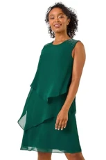 Roman Petite Embellished Tiered Shift Dress for Women UK - Ladies Autumn Everyday Winter Holiday Round Neckline Comfy Sleeveless Soft Knee Length Frock Night Out Gowns - Petite Green - Size 16 Roman Petite Embellished Tiered Shift Dress for Women UK - Ladies Autumn Everyday Winter Holiday Round Neckline Comfy Sleeveless Soft Knee Length Frock Night Out Gowns - Petite Green - Size 16