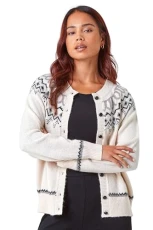 Roman Petite Fairisle Button Cardigan for Women UK - Ladies Everyday Autumn Winter Round Neckline Comfy Soft Evening Vacation Work Party Night Out - Ivory - Size 14 Roman Petite Fairisle Button Cardigan for Women UK - Ladies Everyday Autumn Winter Round Neckline Comfy Soft Evening Vacation Work Party Night Out - Ivory - Size 14