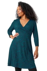 Roman Petite Mock Wrap Abstract Stretch Dress for Women UK - Ladies Autumn Everyday Winter Holiday V-Neckline Comfy 3/4 Sleeve Soft Fit & Flare Frock Day Out Gowns - Teal - Size 14 Roman Petite Mock Wrap Abstract Stretch Dress for Women UK - Ladies Autumn Everyday Winter Holiday V-Neckline Comfy 3/4 Sleeve Soft Fit & Flare Frock Day Out Gowns - Teal - Size 14