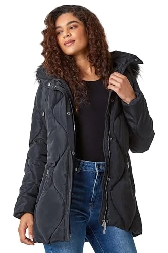 Roman Quilted Faux Fur Hooded Coat for Women UK - Ladies Autumn Everyday Winter Holiday Long Sleeve 