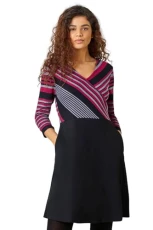 Roman Stripe Print Wrap Stretch Dress for Women UK - Ladies Autumn Everyday Winter Holiday V-Neckline Comfy 3/4 Sleeve Soft Fit & Flare Frock Day to Night Gowns - Wine - Size 20 Roman Stripe Print Wrap Stretch Dress for Women UK - Ladies Autumn Everyday Winter Holiday V-Neckline Comfy 3/4 Sleeve Soft Fit & Flare Frock Day to Night Gowns - Wine - Size 20