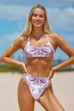 Romantic Paisley Scoop Bikini Top & High-Waisted Bottoms Set - Lavender Nylon 4
