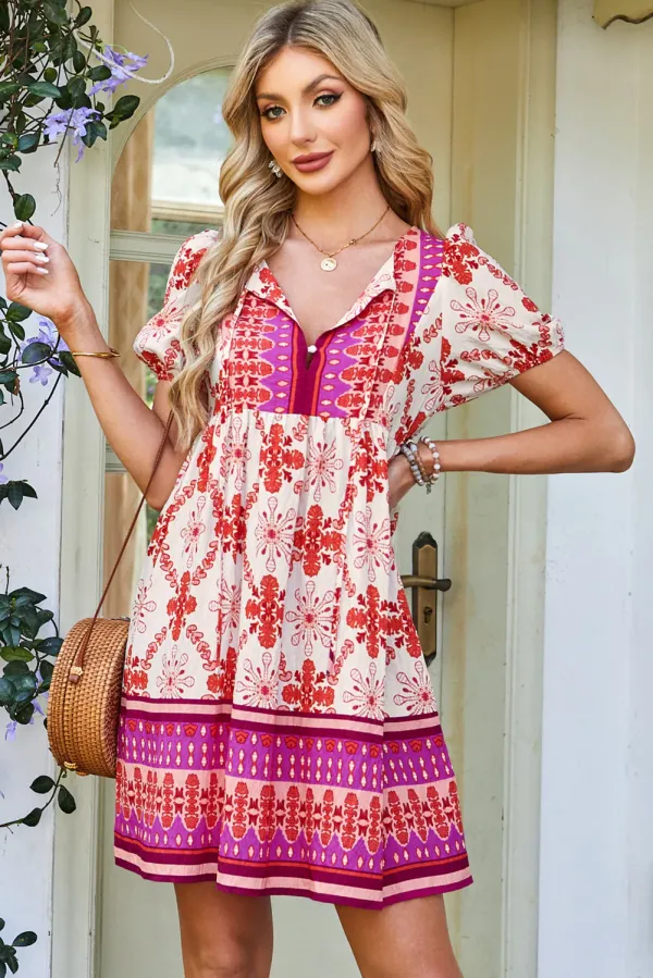 Rose Boho Floral Short Sleeve Lace-up V Neck Mini Dress - Rose / / 84%Viscose+%Polyamide - Rose