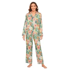Rose Flower Leaves Floral Women's Satin Pyjamas Set Long Sleeve Button Down Sleepwear XL Multicolor