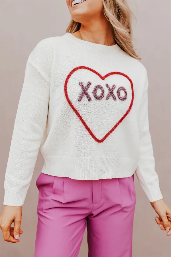 Rose Heart XOXO Pattern Drop Shoulder Rib Knit Sweater - White / / 55%Acrylic+%Cotton - White