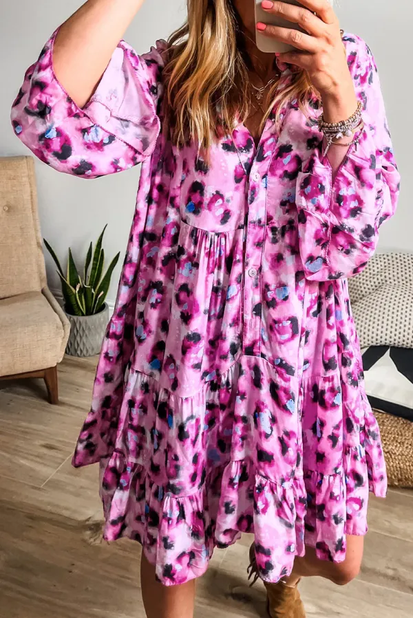 Rose Leopard Print Buttoned Front / Sleeve Tiered Ruffled Hem Dress - ROSE / 2XL / 100%POLYESTER