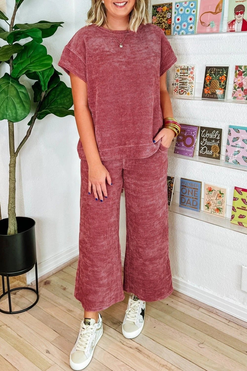 Rose Pink Mineral Wash Corduroy Short Sleeve and Crop Pants Set - ROSE PINK / / 100%POLYESTER