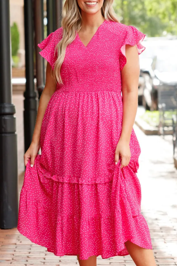 Rose Polka Dot Print Ruffle Smocked Plus Midi Dress - Rose / 4X / 100%Polyester