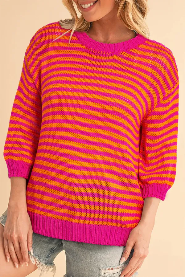 Rose Stripe / Puff Sleeve Drop Shoulder Sweater - ROSE STRIPE / / 100%ACRYLIC - ROSE STRIPE