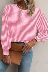 Rose Stripe Round Neck Drop Shoulder Long Sleeve Top - ROSE STRIPE / / 97%POLYESTER+%ELASTANE Rose Stripe Round Neck Drop Shoulder Long Sleeve Top - ROSE STRIPE / / 97%POLYESTER+%ELASTANE