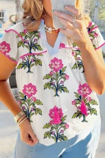 Rose Vintage Floral Print Contrast Notched V Neck Plus Size Summer Blouse - Rose / 1X