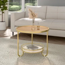 Round Glass Coffee Table with Slate - Gold