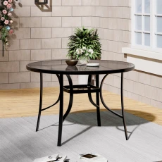 Round Metallic Tempered Glass Garden Dining Table with Parasol Hole - Black