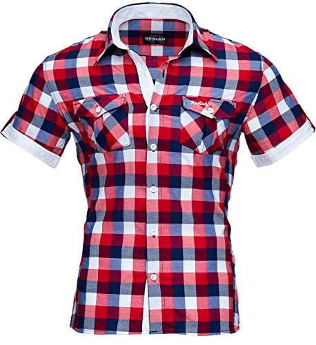 RS-7065 Men's Short-Sleeved Checked Shirt Bodycon Casual Shirt - Red - Medium