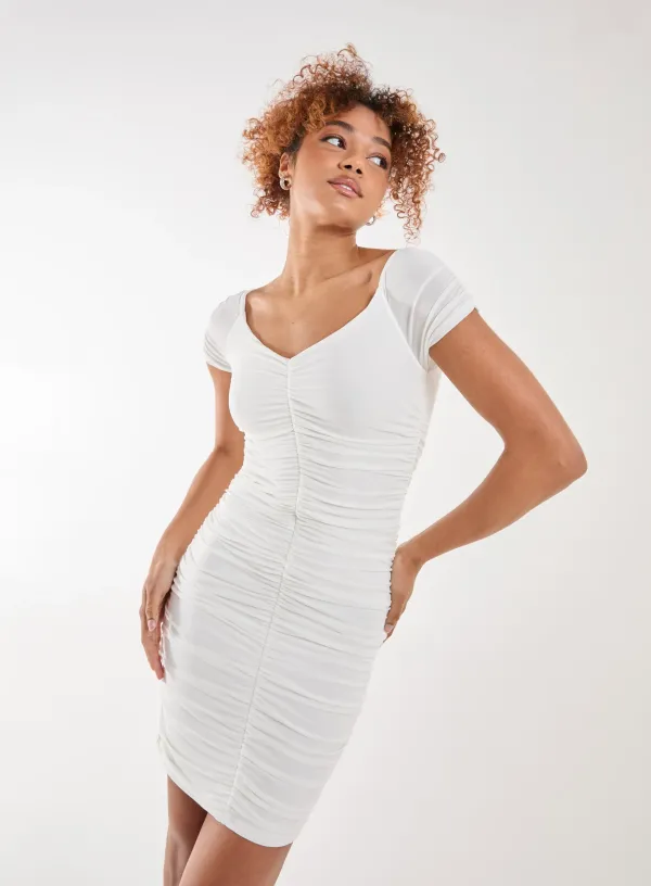 Ruched Bardot Mini Dress - 8 - IVORY