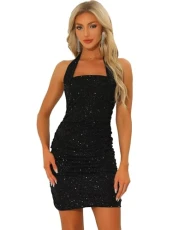 Ruched Bodycon Dress for Women's Sexy Tie Halter Neck Backless Sparkly Dress Black L