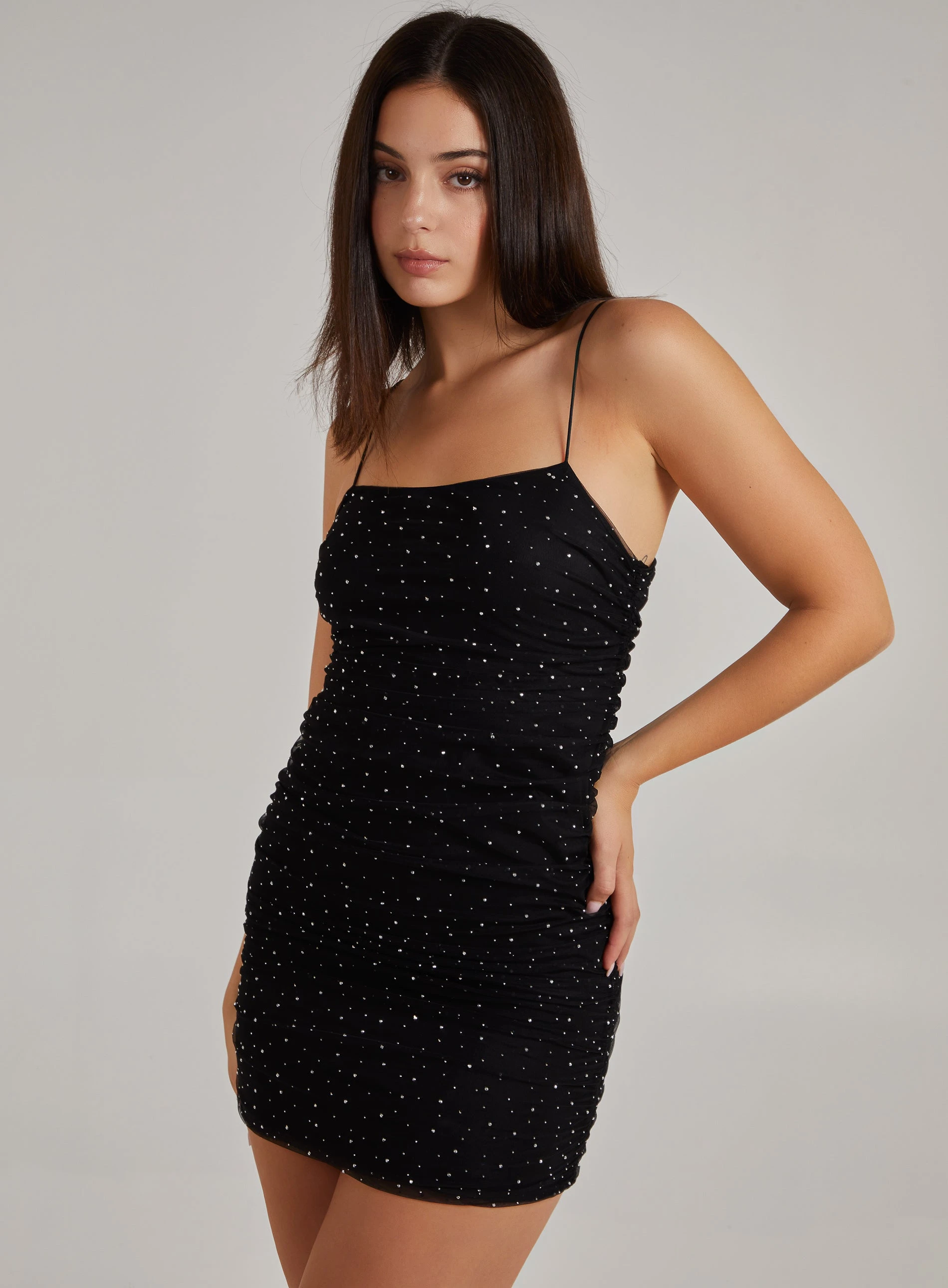 Ruched Bodycon Rhinestone Dress  - 8  - Black